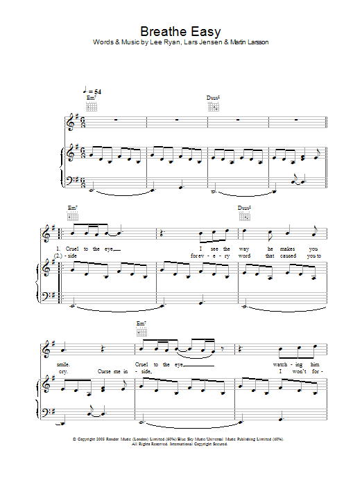 Learn to play Blue Breathe Easy sheet music for Piano, Vocal & Guitar in minutes. Blue Breathe Easy sheet music preview music notes and score for Piano, Vocal & Guitar including 6 page(s)