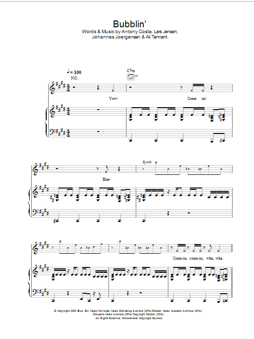 Learn to play Blue Bubblin' sheet music for Piano, Vocal & Guitar in minutes. Blue Bubblin' sheet music preview music notes and score for Piano, Vocal & Guitar including 6 page(s)