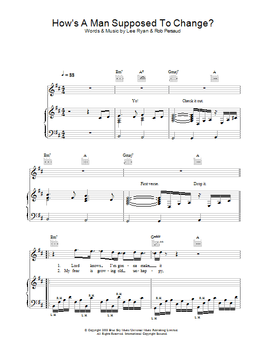 Learn to play Blue How's A Man Supposed To Change? sheet music for Piano, Vocal & Guitar in minutes. Blue How's A Man Supposed To Change? sheet music preview music notes and score for Piano, Vocal & Guitar including 6 page(s)