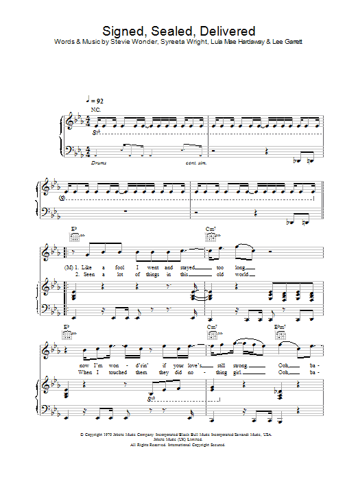 Learn to play Blue Signed, Sealed, Delivered (feat. Stevie Wonder) sheet music for Piano, Vocal & Guitar in minutes. Blue Signed, Sealed, Delivered (feat. Stevie Wonder) sheet music preview music notes and score for Piano, Vocal & Guitar including 5 page(s)