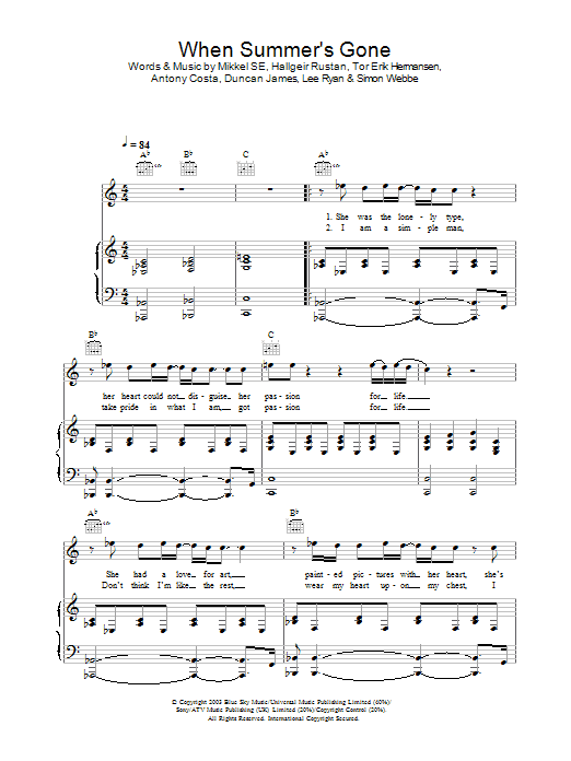 Learn to play Blue When Summer's Gone sheet music for Piano, Vocal & Guitar in minutes. Blue When Summer's Gone sheet music preview music notes and score for Piano, Vocal & Guitar including 4 page(s)