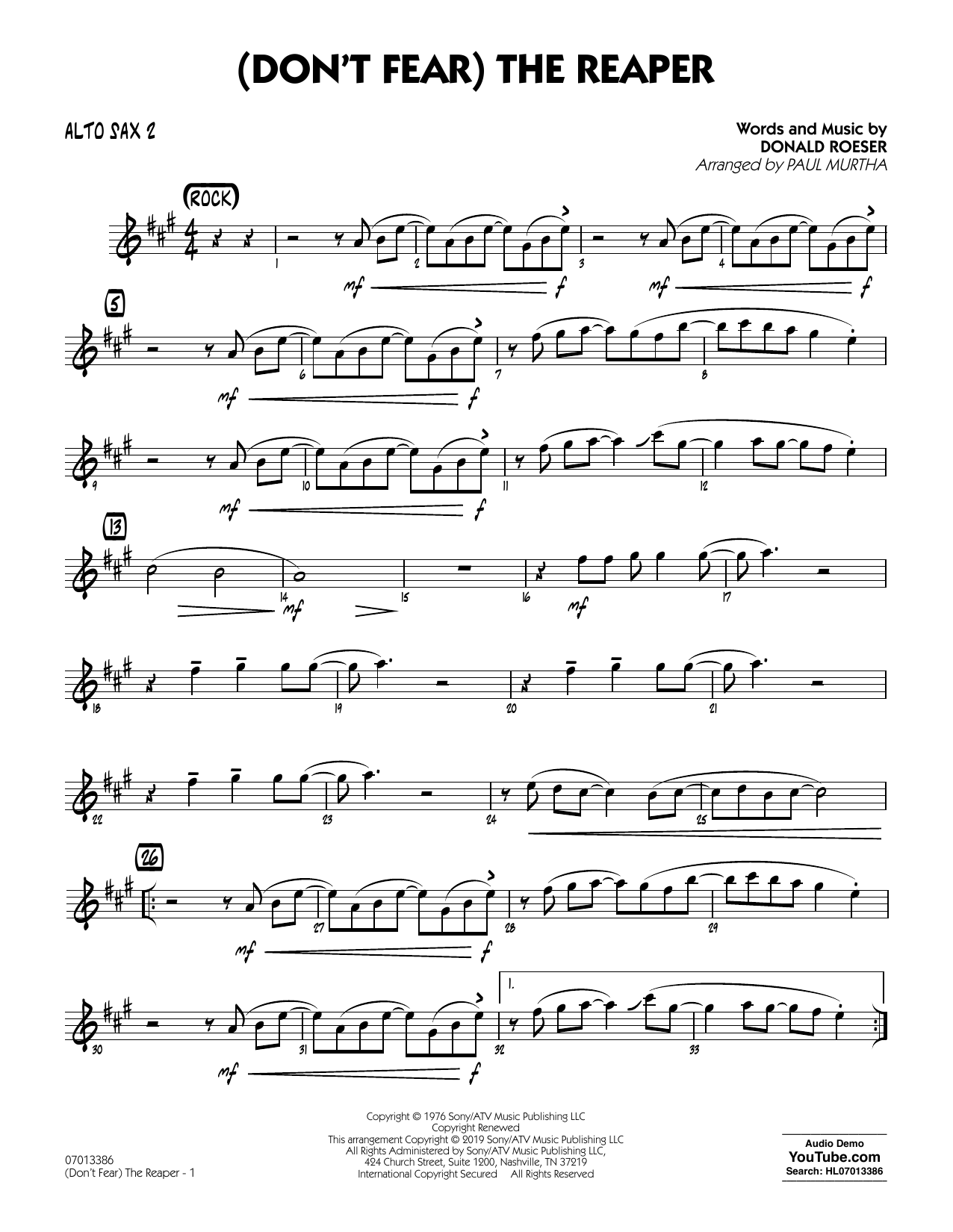 Learn to play Blue Oyster Cult (Don't Fear) The Reaper (arr. Paul Murtha) - Alto Sax 2 sheet music for Jazz Ensemble in minutes. Blue Oyster Cult (Don't Fear) The Reaper (arr. Paul Murtha) - Alto Sax 2 sheet music preview music notes and score for Jazz Ensemble including 2 page(s)