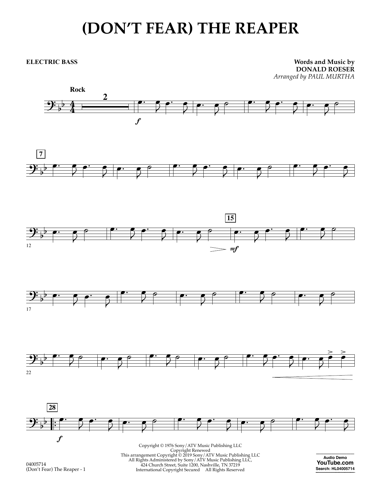Learn to play Blue Oyster Cult (Don't Fear) The Reaper (arr. Paul Murtha) - Bass sheet music for Jazz Ensemble in minutes. Blue Oyster Cult (Don't Fear) The Reaper (arr. Paul Murtha) - Bass sheet music preview music notes and score for Jazz Ensemble including 2 page(s)