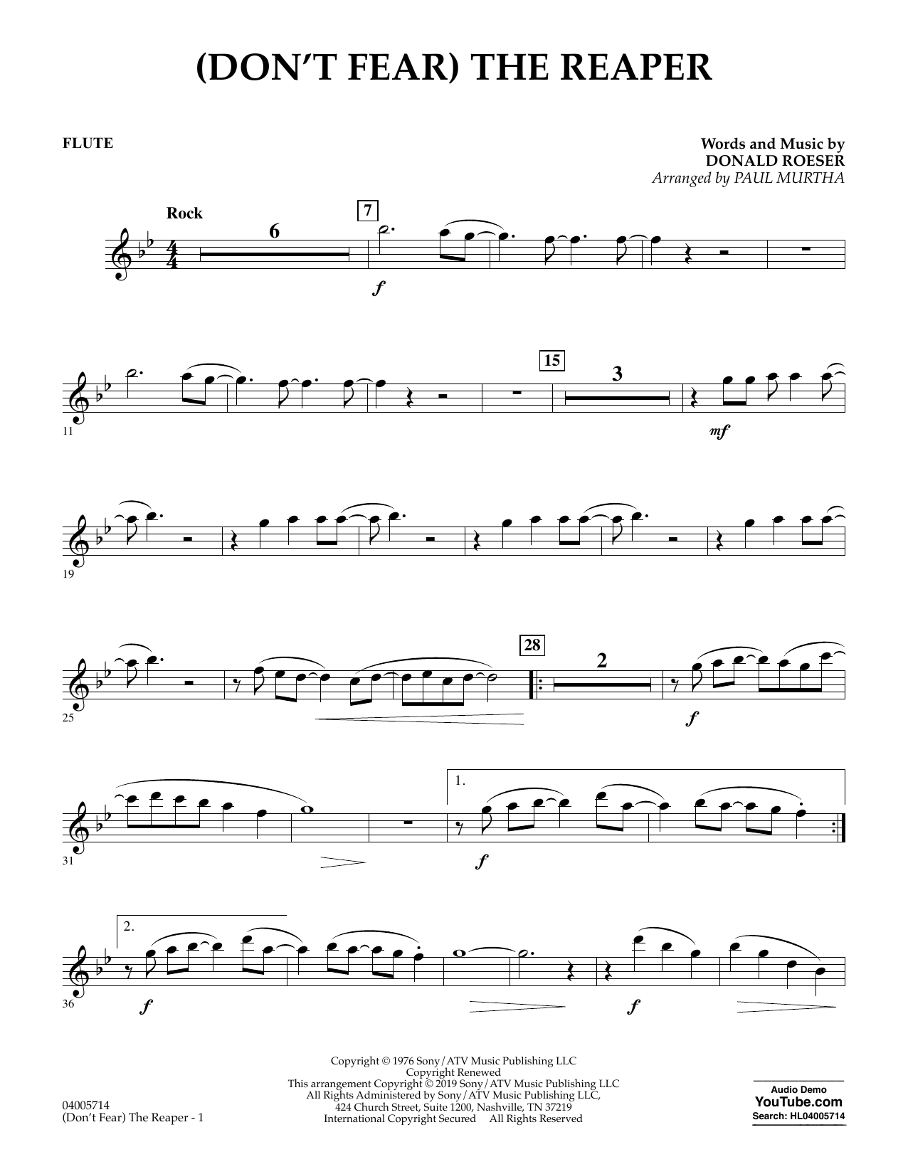 Learn to play Blue Oyster Cult (Don't Fear) The Reaper (arr. Paul Murtha) - Flute sheet music for Jazz Ensemble in minutes. Blue Oyster Cult (Don't Fear) The Reaper (arr. Paul Murtha) - Flute sheet music preview music notes and score for Jazz Ensemble including 2 page(s)