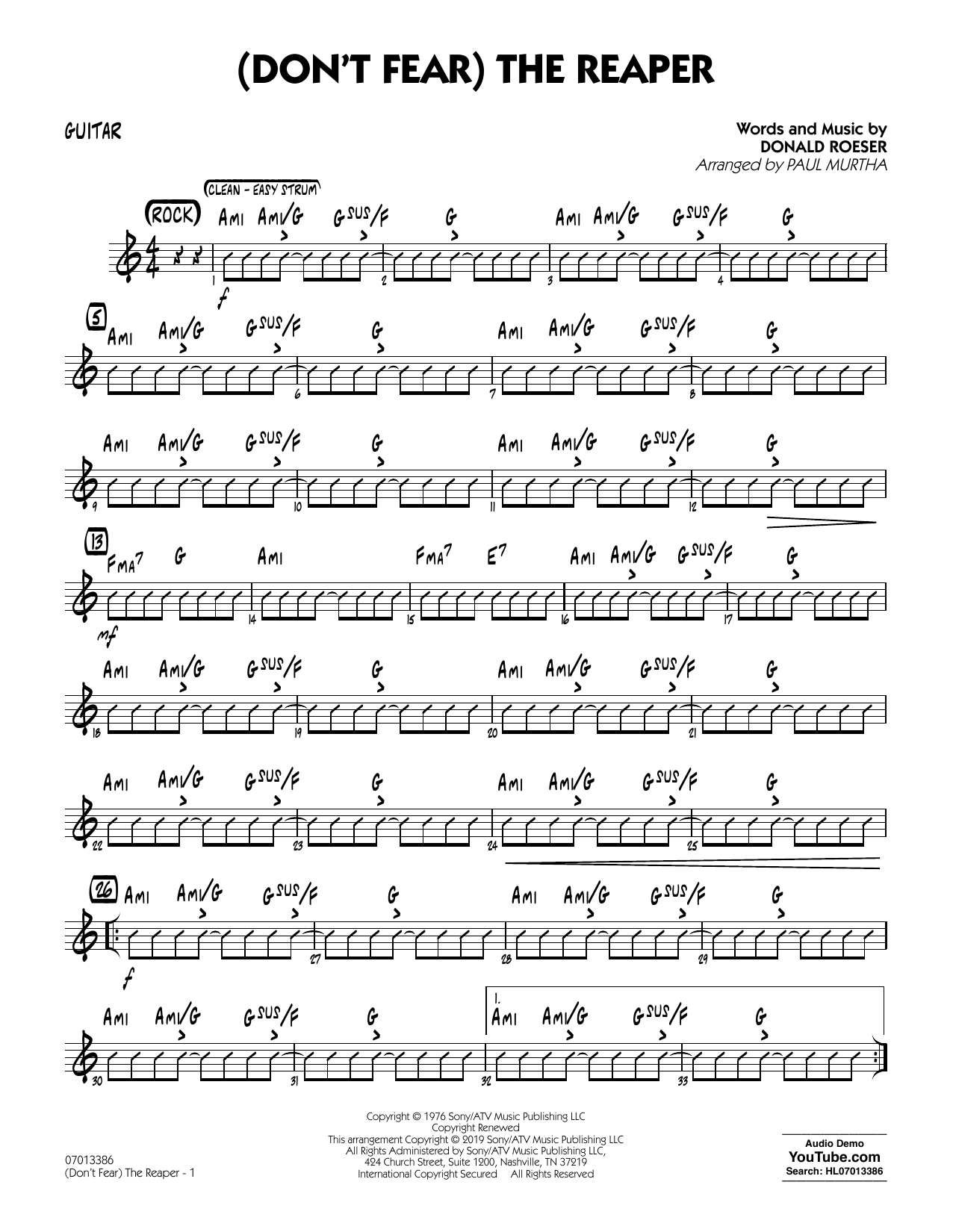 Learn to play Blue Oyster Cult (Don't Fear) The Reaper (arr. Paul Murtha) - Guitar sheet music for Jazz Ensemble in minutes. Blue Oyster Cult (Don't Fear) The Reaper (arr. Paul Murtha) - Guitar sheet music preview music notes and score for Jazz Ensemble including 2 page(s)