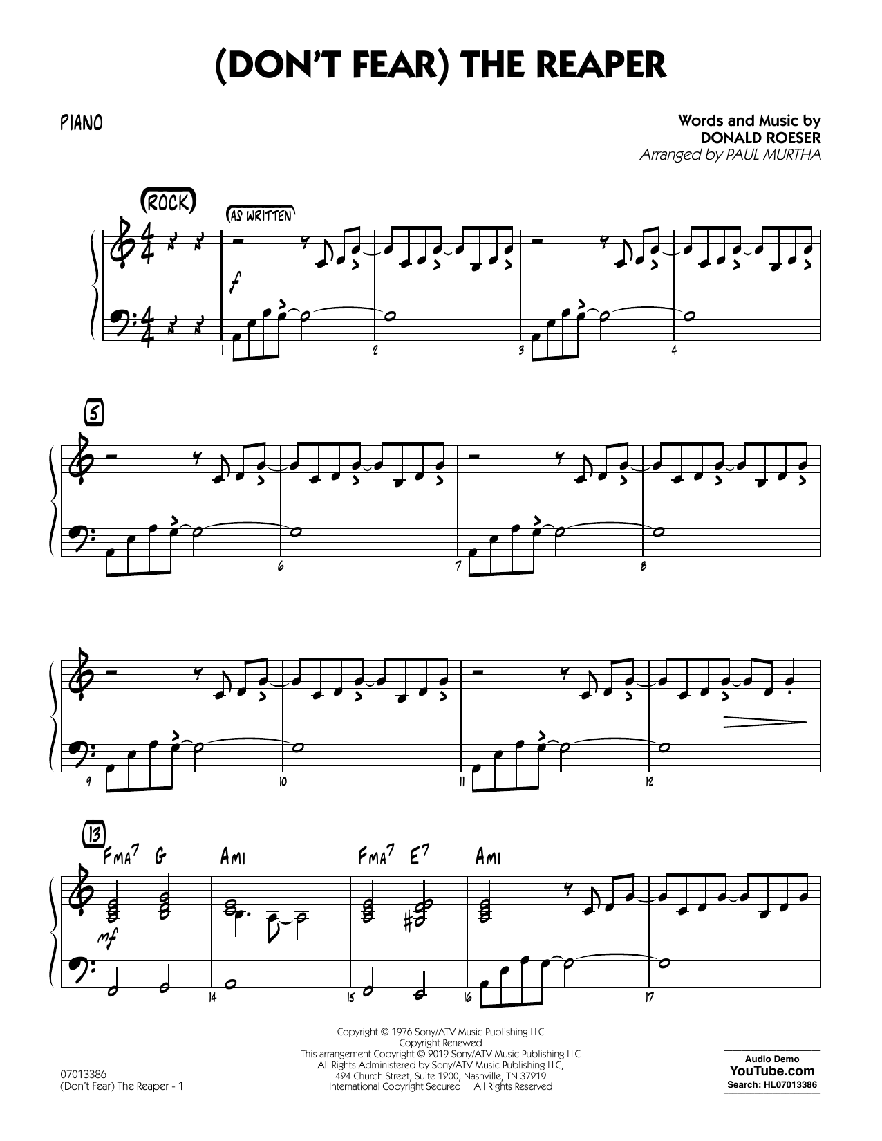 Learn to play Blue Oyster Cult (Don't Fear) The Reaper (arr. Paul Murtha) - Piano sheet music for Jazz Ensemble in minutes. Blue Oyster Cult (Don't Fear) The Reaper (arr. Paul Murtha) - Piano sheet music preview music notes and score for Jazz Ensemble including 4 page(s)