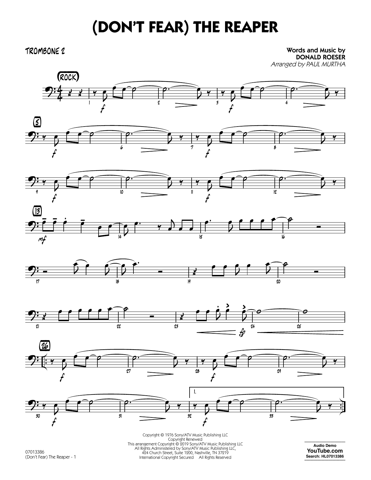 Learn to play Blue Oyster Cult (Don't Fear) The Reaper (arr. Paul Murtha) - Trombone 2 sheet music for Jazz Ensemble in minutes. Blue Oyster Cult (Don't Fear) The Reaper (arr. Paul Murtha) - Trombone 2 sheet music preview music notes and score for Jazz Ensemble including 2 page(s)