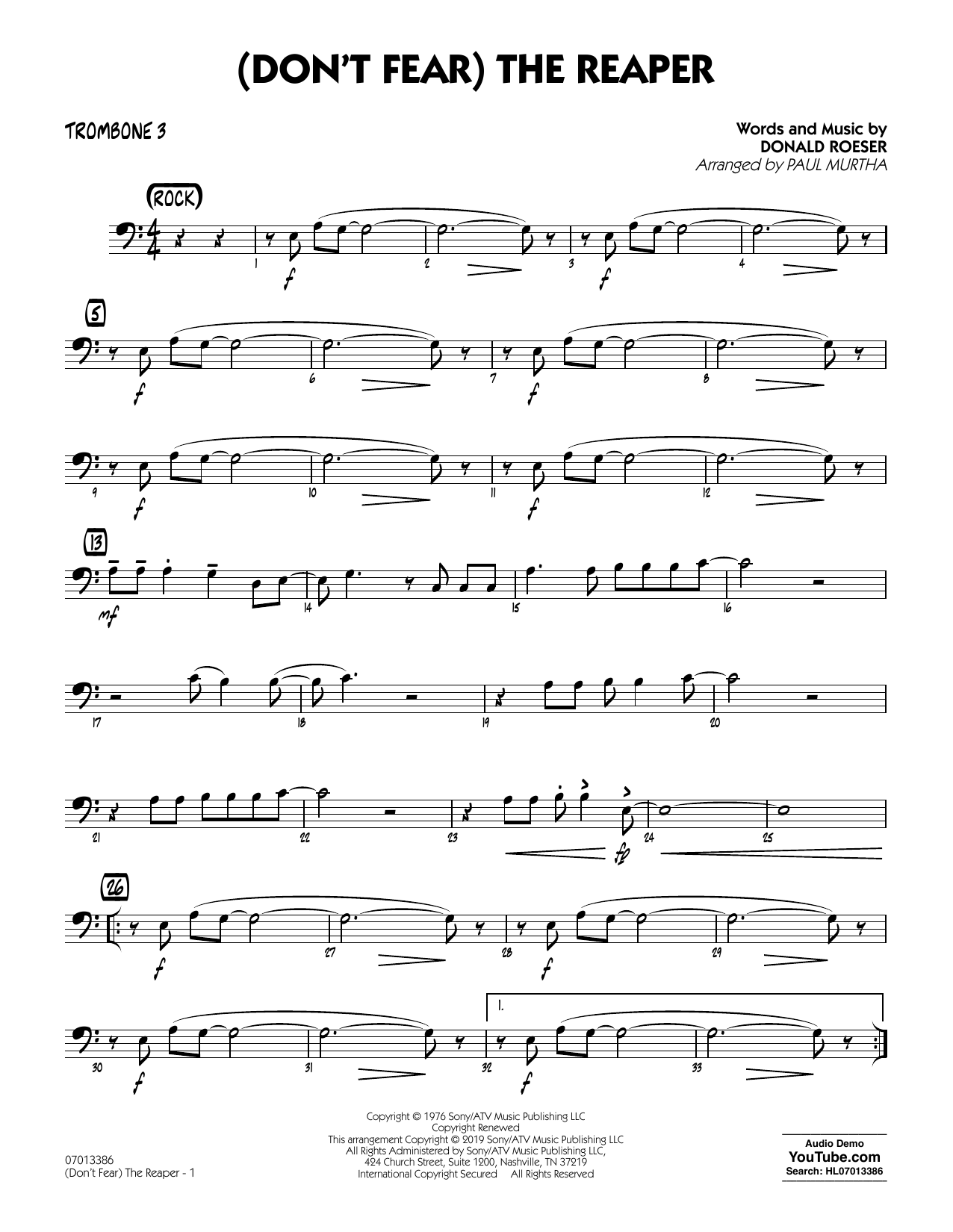 Learn to play Blue Oyster Cult (Don't Fear) The Reaper (arr. Paul Murtha) - Trombone 3 sheet music for Jazz Ensemble in minutes. Blue Oyster Cult (Don't Fear) The Reaper (arr. Paul Murtha) - Trombone 3 sheet music preview music notes and score for Jazz Ensemble including 2 page(s)