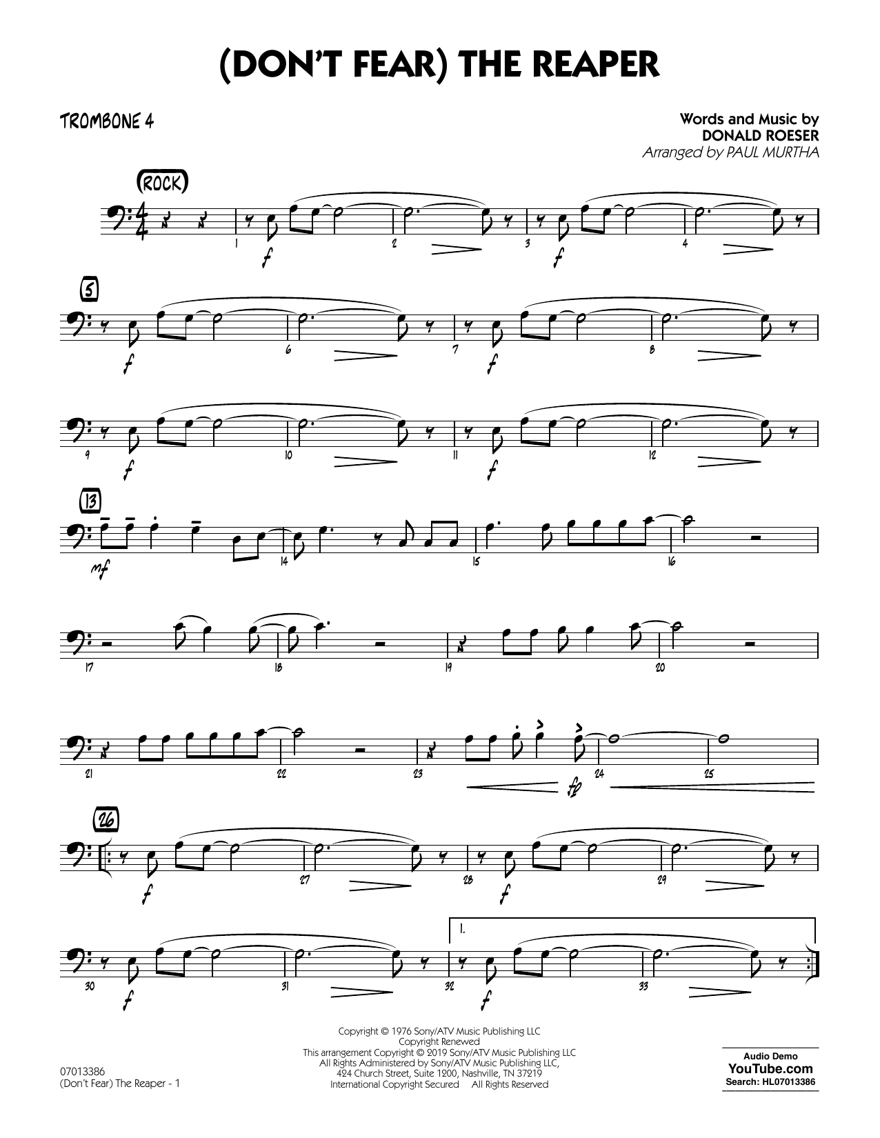 Learn to play Blue Oyster Cult (Don't Fear) The Reaper (arr. Paul Murtha) - Trombone 4 sheet music for Jazz Ensemble in minutes. Blue Oyster Cult (Don't Fear) The Reaper (arr. Paul Murtha) - Trombone 4 sheet music preview music notes and score for Jazz Ensemble including 2 page(s)