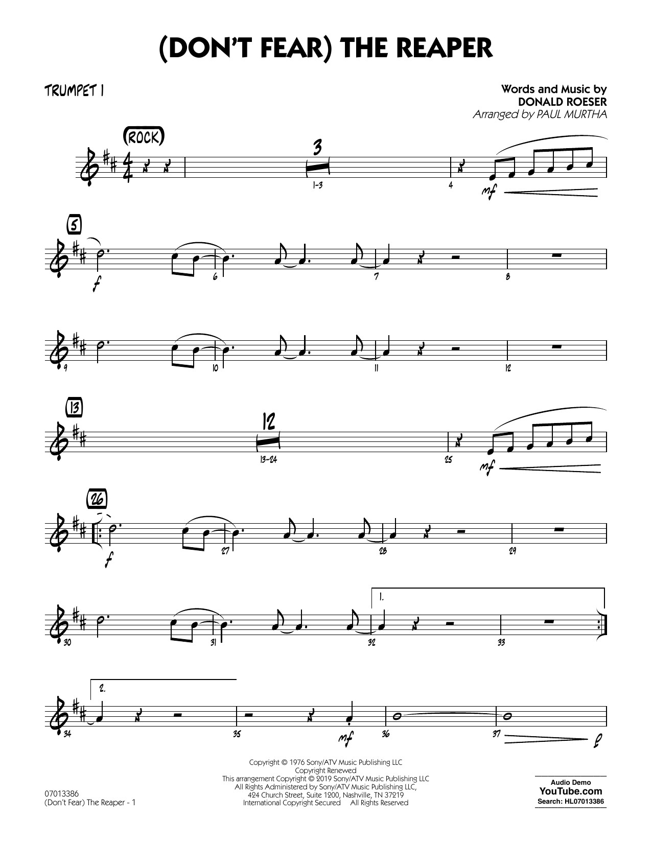 Learn to play Blue Oyster Cult (Don't Fear) The Reaper (arr. Paul Murtha) - Trumpet 1 sheet music for Jazz Ensemble in minutes. Blue Oyster Cult (Don't Fear) The Reaper (arr. Paul Murtha) - Trumpet 1 sheet music preview music notes and score for Jazz Ensemble including 2 page(s)
