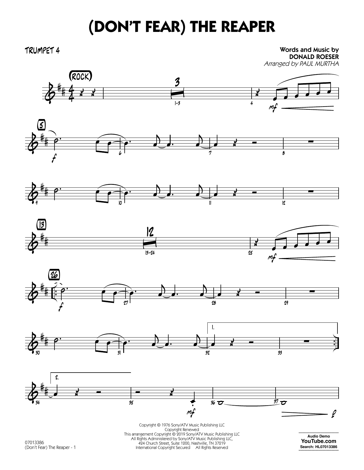 Learn to play Blue Oyster Cult (Don't Fear) The Reaper (arr. Paul Murtha) - Trumpet 4 sheet music for Jazz Ensemble in minutes. Blue Oyster Cult (Don't Fear) The Reaper (arr. Paul Murtha) - Trumpet 4 sheet music preview music notes and score for Jazz Ensemble including 2 page(s)