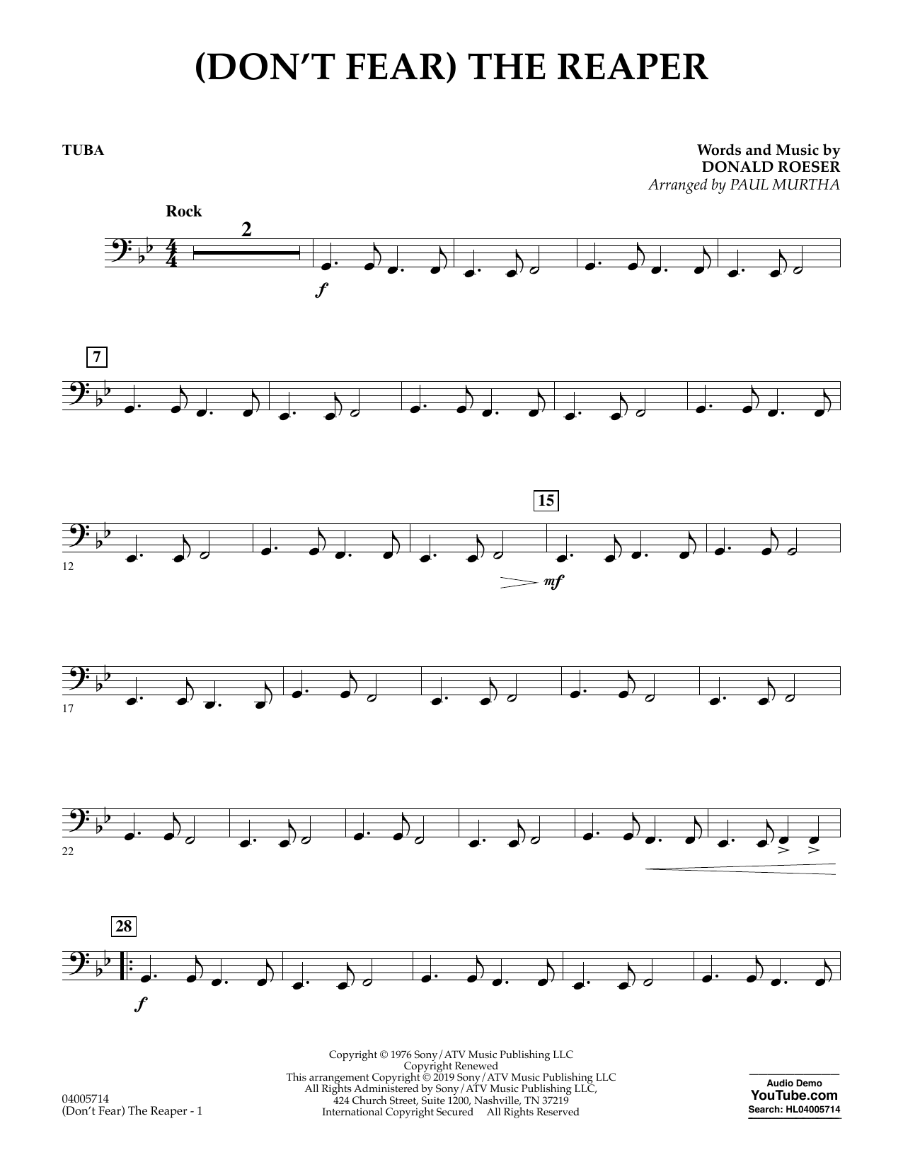 Learn to play Blue Oyster Cult (Don't Fear) The Reaper (arr. Paul Murtha) - Tuba sheet music for Jazz Ensemble in minutes. Blue Oyster Cult (Don't Fear) The Reaper (arr. Paul Murtha) - Tuba sheet music preview music notes and score for Jazz Ensemble including 2 page(s)