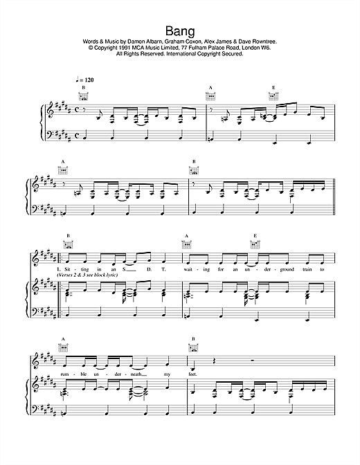 Learn to play Blur Bang sheet music for Piano, Vocal & Guitar (Right-Hand Melody) in minutes. Blur Bang sheet music notes and chords