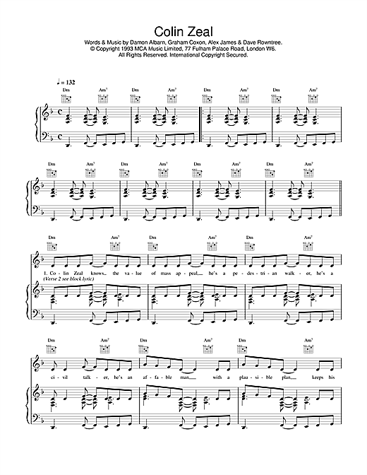 Learn to play Blur Colin Zeal sheet music for Piano, Vocal & Guitar (Right-Hand Melody) in minutes. Blur Colin Zeal sheet music notes and chords