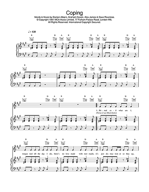 Learn to play Blur Coping sheet music for Piano, Vocal & Guitar (Right-Hand Melody) in minutes. Blur Coping sheet music notes and chords