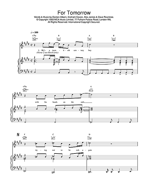 Learn to play Blur For Tomorrow sheet music for Piano, Vocal & Guitar (Right-Hand Melody) in minutes. Blur For Tomorrow sheet music notes and chords