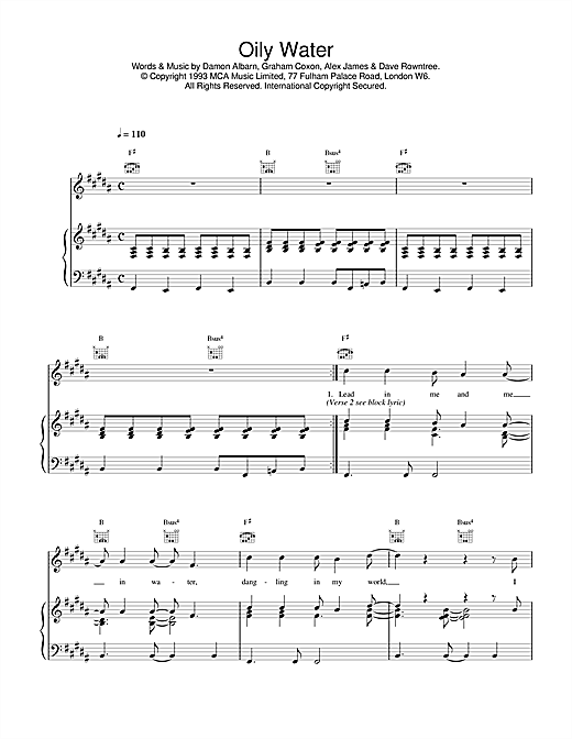 Learn to play Blur Oily Water sheet music for Piano, Vocal & Guitar (Right-Hand Melody) in minutes. Blur Oily Water sheet music notes and chords