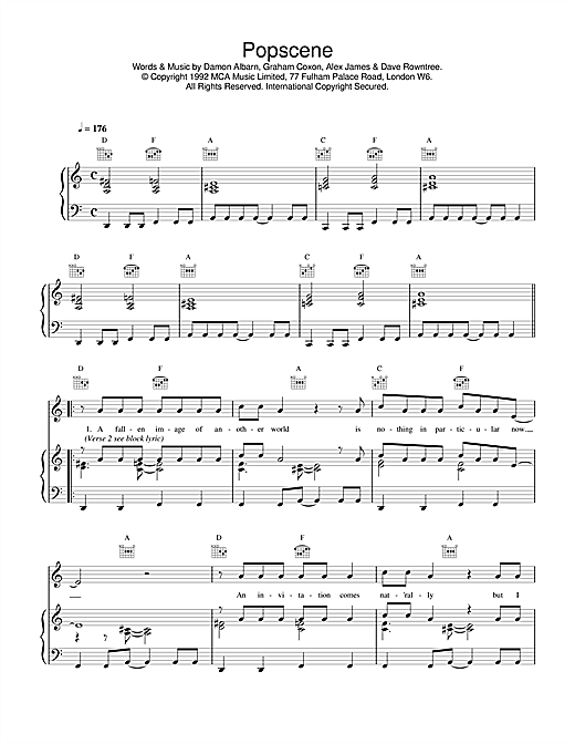 Learn to play Blur Popscene sheet music for Piano, Vocal & Guitar (Right-Hand Melody) in minutes. Blur Popscene sheet music notes and chords