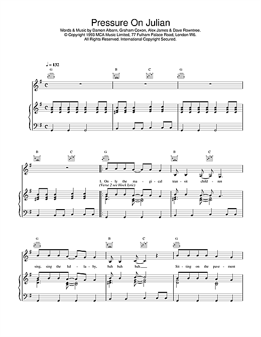 Learn to play Blur Pressure On Julian sheet music for Piano, Vocal & Guitar (Right-Hand Melody) in minutes. Blur Pressure On Julian sheet music notes and chords