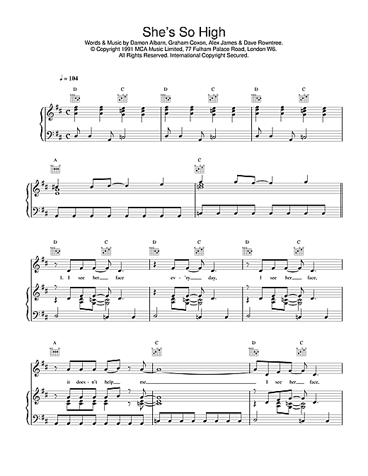 Learn to play Blur She's So High sheet music for Piano, Vocal & Guitar (Right-Hand Melody) in minutes. Blur She's So High sheet music notes and chords