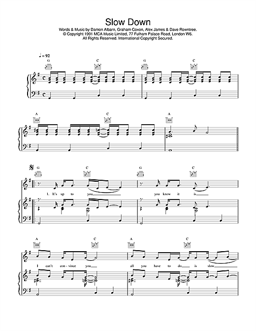 Learn to play Blur Slow Down sheet music for Piano, Vocal & Guitar (Right-Hand Melody) in minutes. Blur Slow Down sheet music notes and chords
