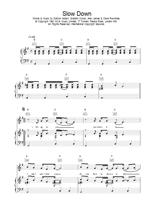 Learn to play Blur Slow Down sheet music for Piano, Vocal & Guitar (Right-Hand Melody) in minutes. Blur Slow Down sheet music preview music notes and score for Piano, Vocal & Guitar (Right-Hand Melody) including 3 page(s)