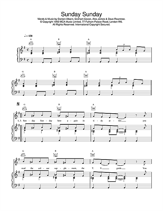 Learn to play Blur Sunday Sunday sheet music for Piano, Vocal & Guitar (Right-Hand Melody) in minutes. Blur Sunday Sunday sheet music notes and chords