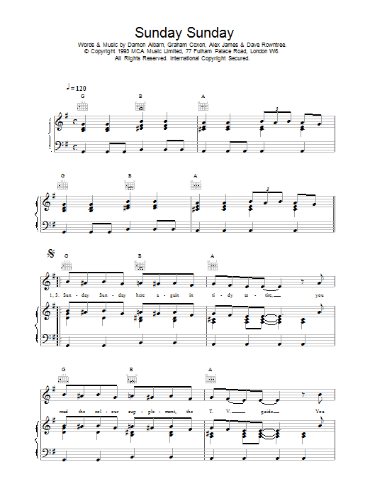 Blur Sunday Sunday sheet music preview music notes and score for Piano, Vocal & Guitar (Right-Hand Melody) including 4 page(s)