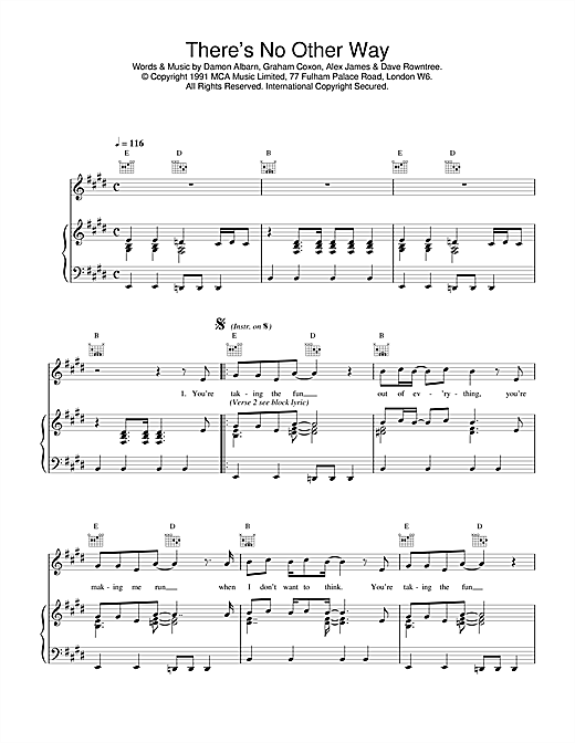 Learn to play Blur There's No Other Way sheet music for Piano, Vocal & Guitar (Right-Hand Melody) in minutes. Blur There's No Other Way sheet music notes and chords