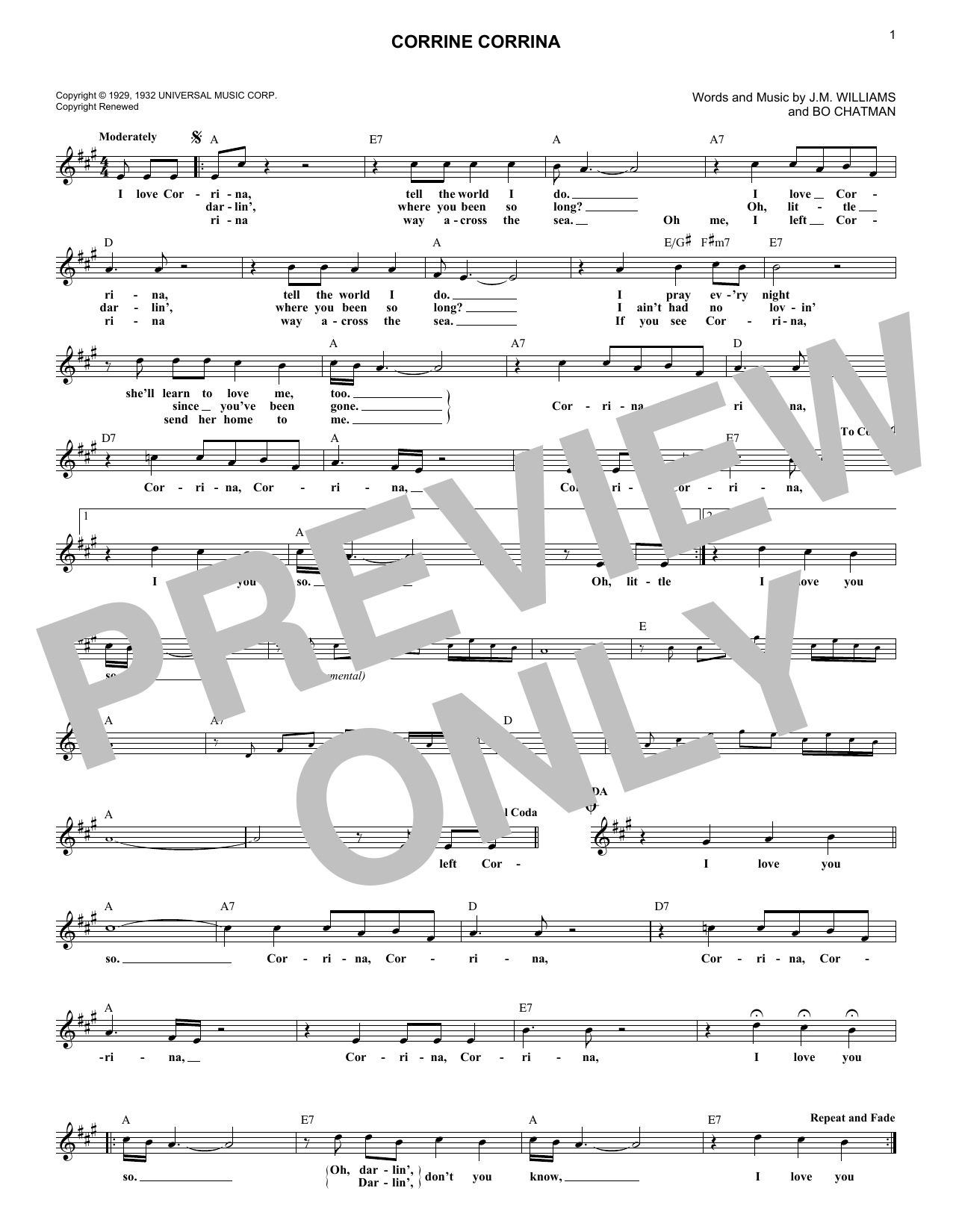 Bo Chatman Corrine Corrina sheet music, chords, lyrics - Printable PDF for Melody Line, Lyrics & Chords