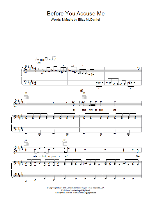 Learn to play Bo Diddley Before You Accuse Me (Take A Look At Yourself) sheet music for Piano, Vocal & Guitar in minutes. Bo Diddley Before You Accuse Me (Take A Look At Yourself) sheet music preview music notes and score for Piano, Vocal & Guitar including 4 page(s)