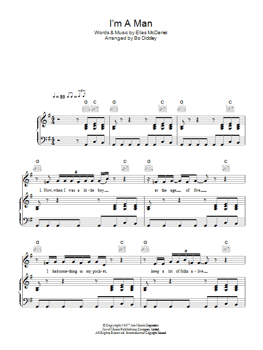 Learn to play Bo Diddley I'm A Man sheet music for Piano, Vocal & Guitar in minutes. Bo Diddley I'm A Man sheet music preview music notes and score for Piano, Vocal & Guitar including 5 page(s)