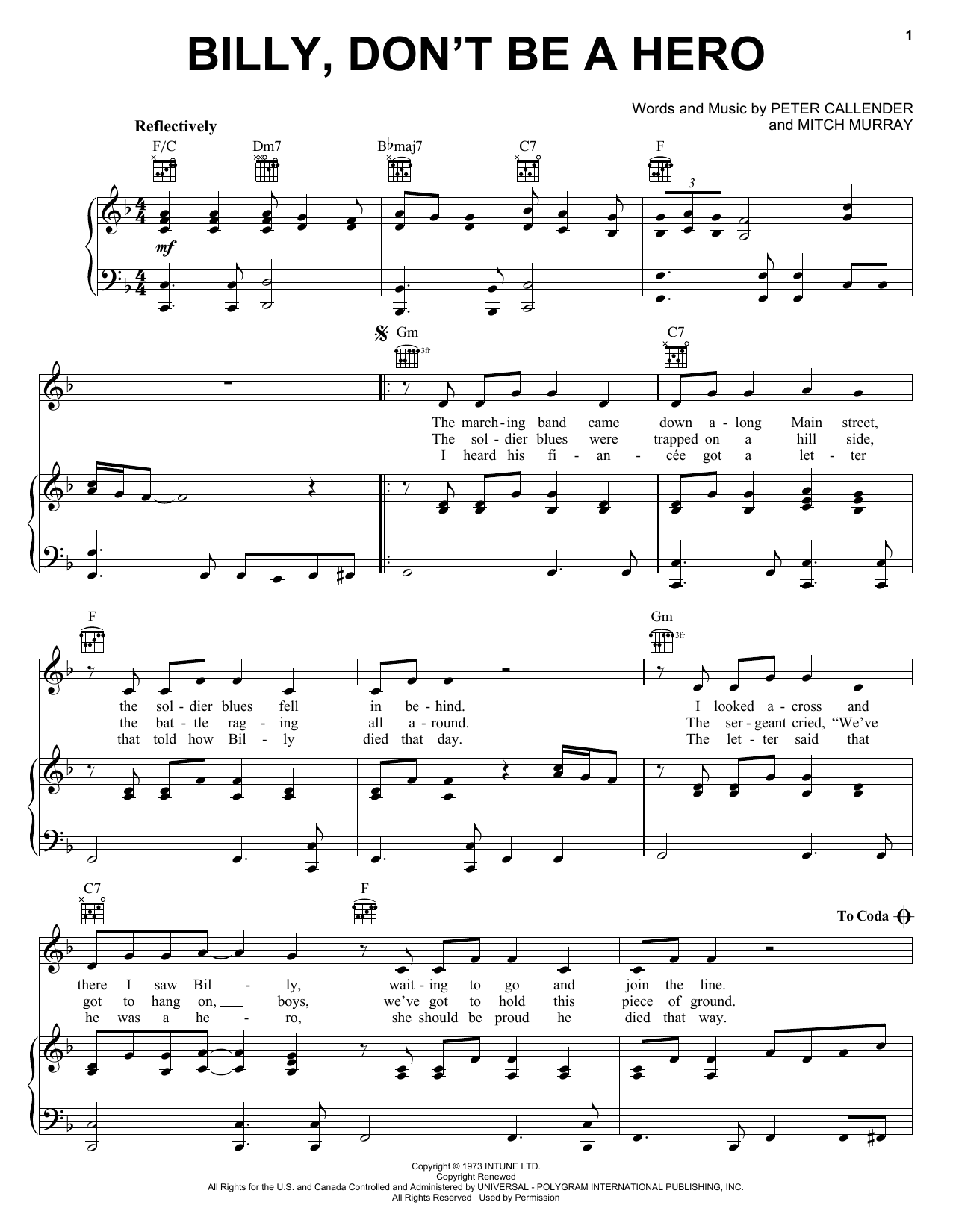Bo Donaldson & The Heywoods Billy, Don't Be A Hero sheet music preview music notes and score for Piano, Vocal & Guitar (Right-Hand Melody) including 4 page(s)
