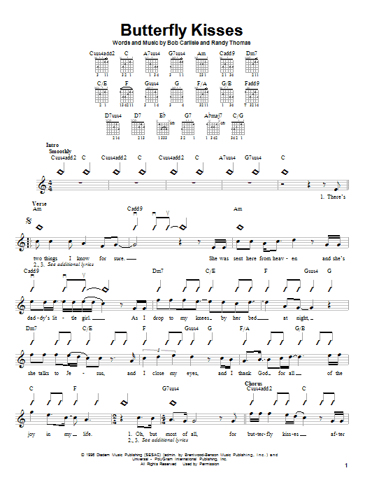 Download Bob Carlisle Butterfly Kisses sheet music notes and chords for Easy Guitar Tab - Download Printable PDF and start playing in minutes.