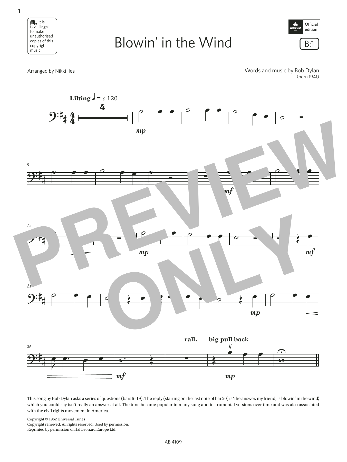 Bob Dylan Blowin' in the Wind (Grade Initial, B1, from the ABRSM Double Bass Syllabus from 2024) sheet music, chords, lyrics - Printable PDF for String Bass Solo