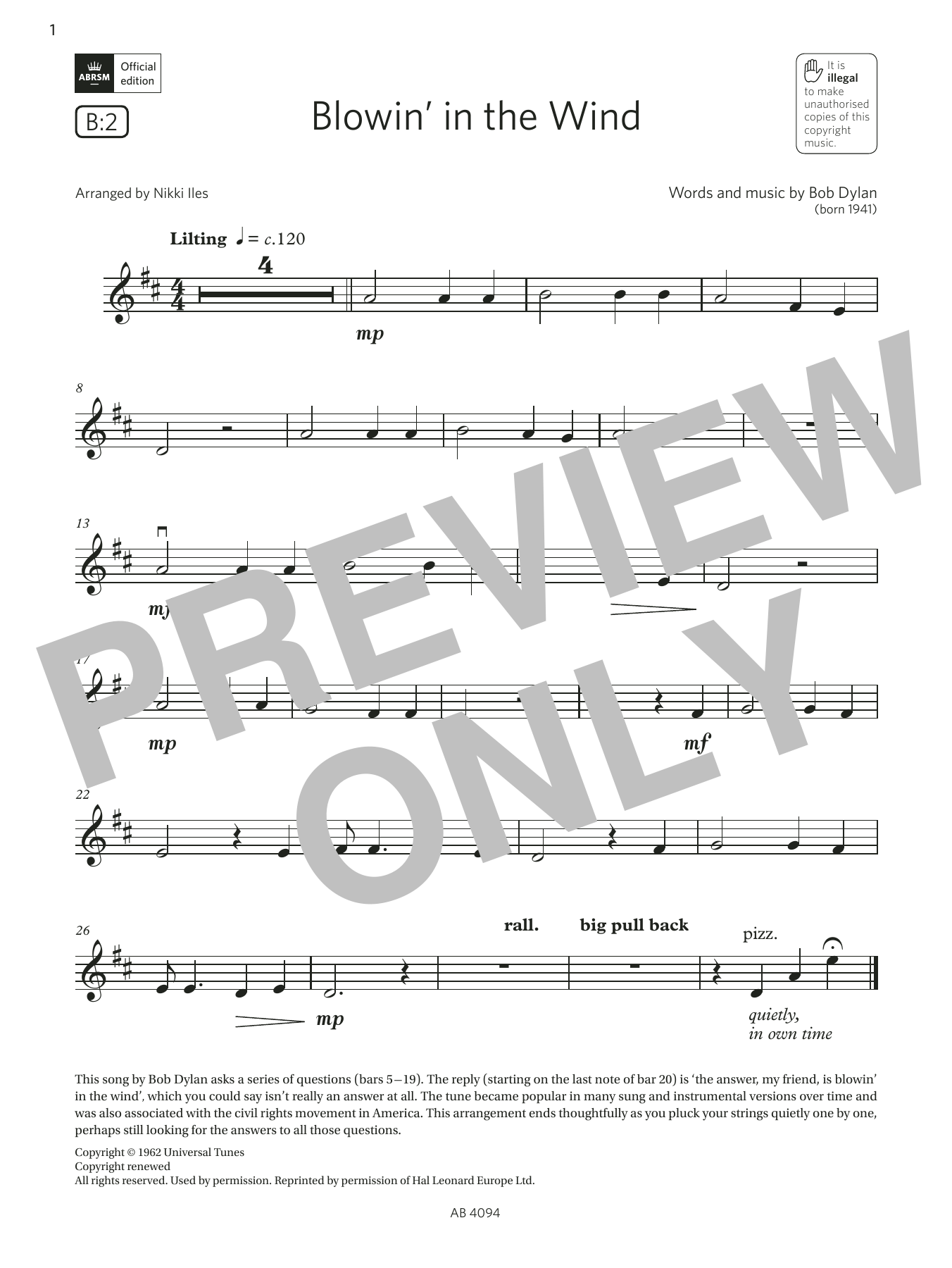 Bob Dylan Blowin' in the Wind (Grade Initial, B2, from the ABRSM Violin Syllabus from 2024) sheet music, chords, lyrics - Printable PDF for Violin Solo