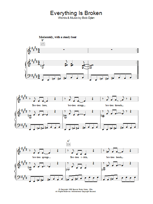 Download Bob Dylan Everything Is Broken sheet music notes and chords for Piano, Vocal & Guitar (Right-Hand Melody) - Download Printable PDF and start playing in minutes.