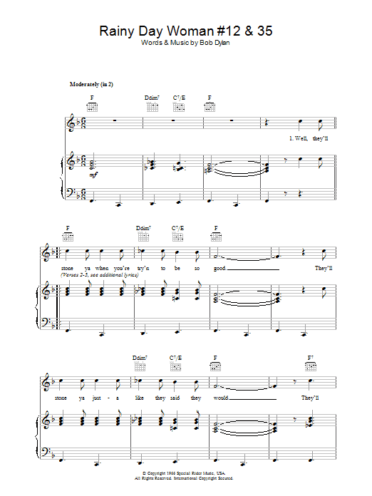 Bob Dylan Rainy Day Woman #12 & 35 sheet music, chords, lyrics - Printable PDF for Piano, Vocal & Guitar (Right-Hand Melody)