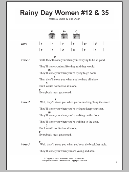 Bob Dylan Rainy Day Women #12 & 35 sheet music, chords, lyrics - Printable PDF for Lyrics & Chords