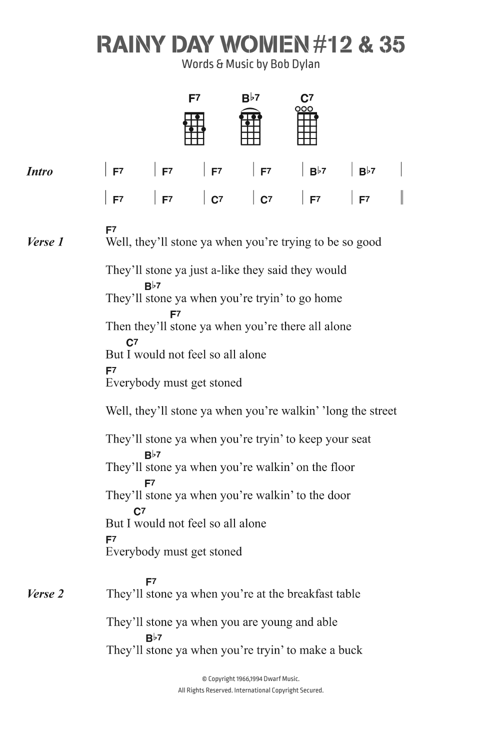 Bob Dylan Rainy Day Women #12 & #35 sheet music, chords, lyrics - Printable PDF for Ukulele Lyrics & Chords