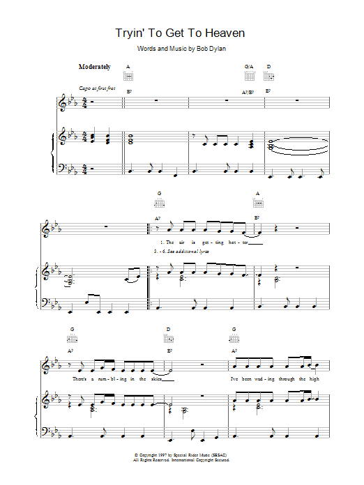 Download Bob Dylan Tryin'To Get To Heaven sheet music notes and chords for Piano, Vocal & Guitar (Right-Hand Melody) - Download Printable PDF and start playing in minutes.