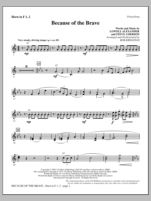 Bob Krogstad Because Of The Brave - F Horn 1 & 2 sheet music, chords, lyrics - Printable PDF for Choir Instrumental Pak