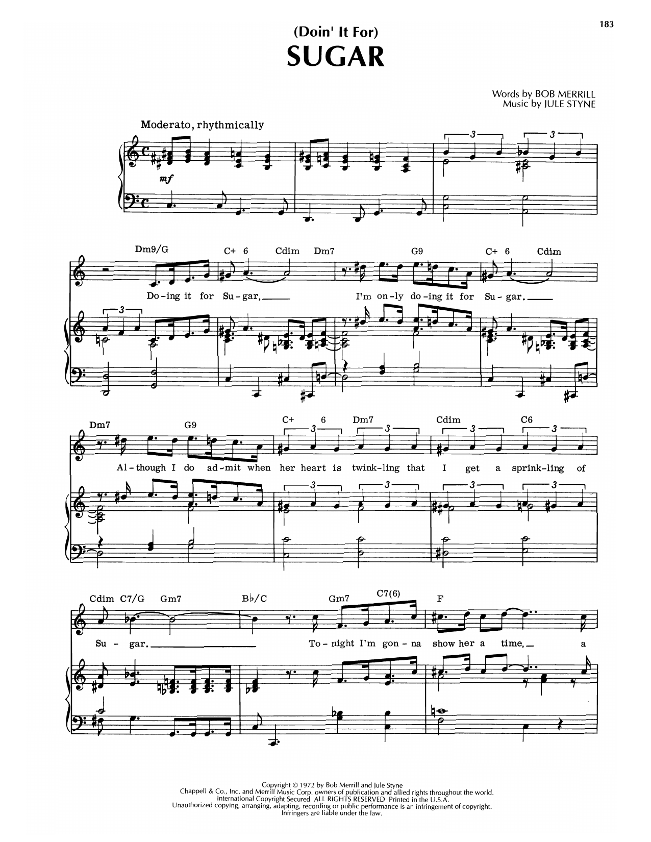 Bob Merrill & Jule Styne (Doin' It For) Sugar (from Some Like It Hot) sheet music, chords, lyrics - Printable PDF for Piano & Vocal