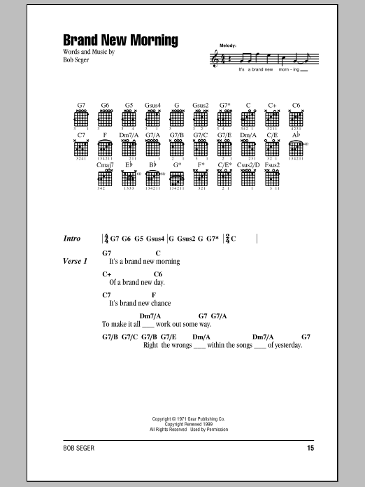Bob Seger Brand New Morning sheet music, chords, lyrics - Printable PDF for Lyrics & Chords