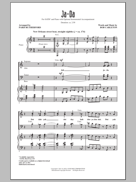 Learn to play Bob Carleton Ja-Da (arr. Paris Rutherford) sheet music for SSA in minutes. Bob Carleton Ja-Da (arr. Paris Rutherford) sheet music preview music notes and score for SSA including 15 page(s)