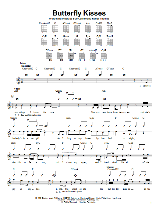 Learn to play Bob Carlisle Butterfly Kisses sheet music for Easy Guitar in minutes. Bob Carlisle Butterfly Kisses sheet music preview music notes and score for Easy Guitar including 3 page(s)
