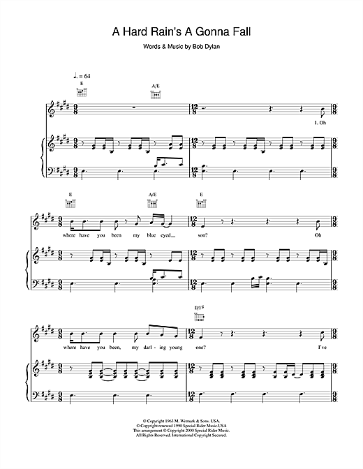 Learn to play Bob Dylan A Hard Rain's A Gonna Fall sheet music for Piano, Vocal & Guitar in minutes. Bob Dylan A Hard Rain's A Gonna Fall sheet music notes and chords