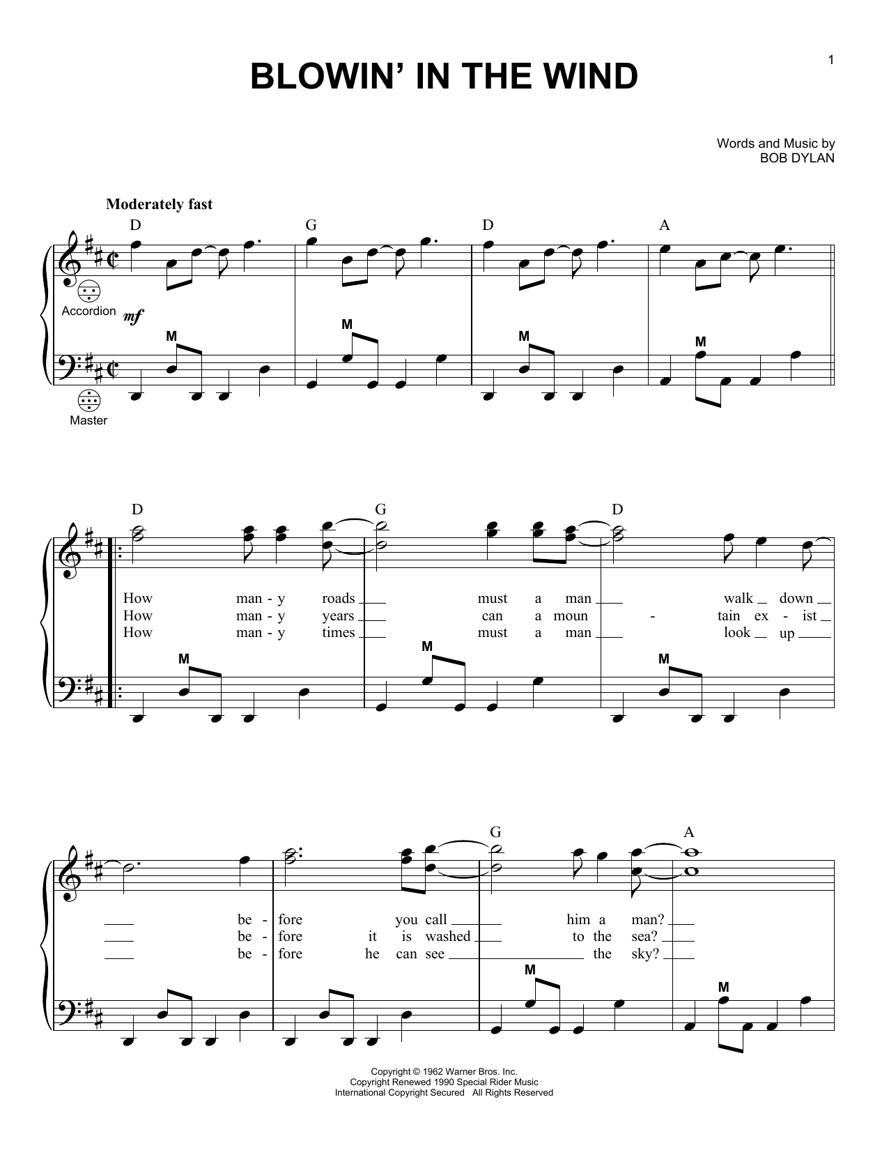 Bob Dylan Blowin' In The Wind sheet music preview music notes and score for Really Easy Guitar including 2 page(s)