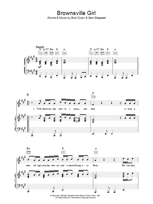 Learn to play Bob Dylan Brownsville Girl sheet music for Piano, Vocal & Guitar (Right-Hand Melody) in minutes. Bob Dylan Brownsville Girl sheet music preview music notes and score for Piano, Vocal & Guitar (Right-Hand Melody) including 3 page(s)