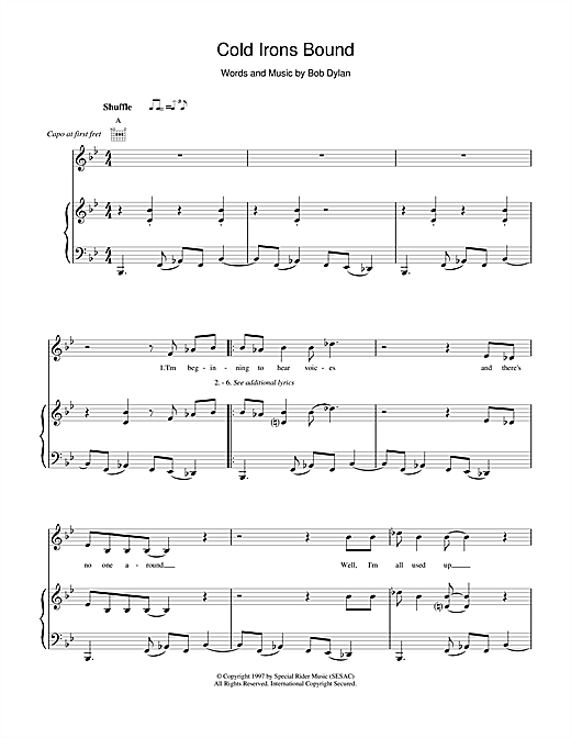 Learn to play Bob Dylan Cold Irons Bound sheet music for Piano, Vocal & Guitar (Right-Hand Melody) in minutes. Bob Dylan Cold Irons Bound sheet music notes and chords
